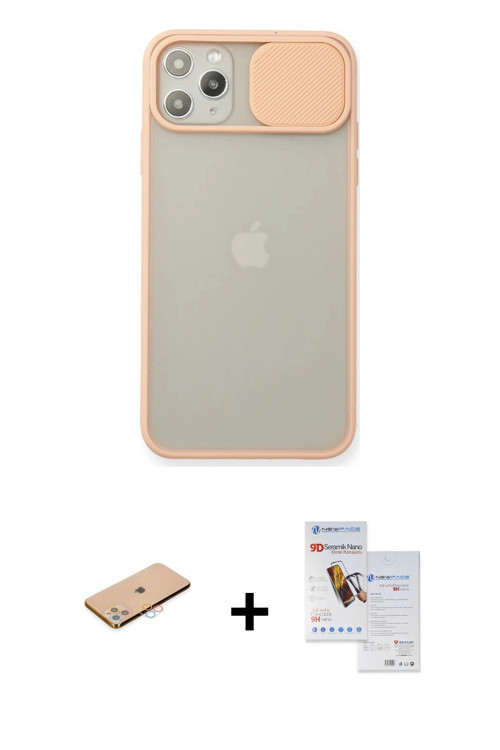 ieg™ iPhone 11 Pro Max Kılıf Vadi Çizgi - Siyah Seramik Nano Ekran Koruyucu + Pembe Renkli Kamera Le