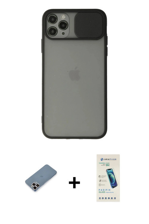 ieg™ iPhone 11 Pro Max Kılıf Vadi Çizgi - Şeffaf Pasifik Cam Ekran Koruyucu + Mor Metal Kamera Lens