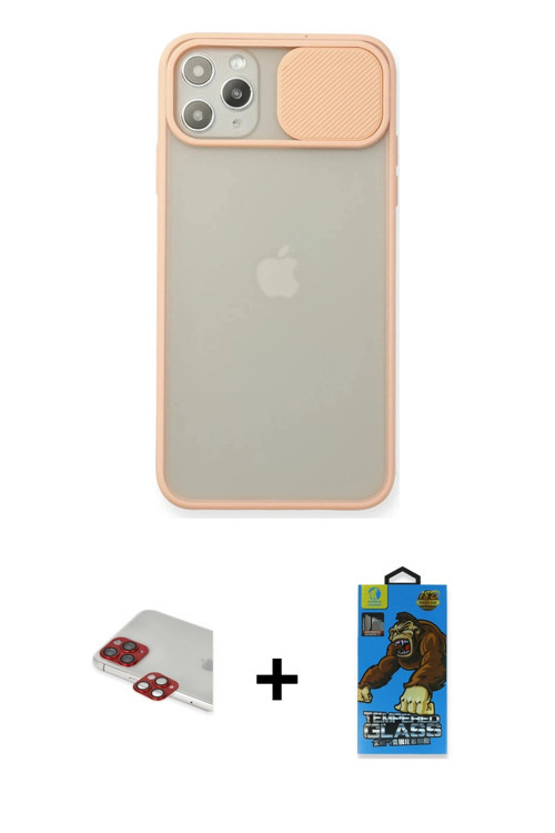 ieg™ iPhone 11 Pro Max Kılıf Vadi Çizgi - Siyah 18D Cam Ekran Koruyucu + Kırmızı Pers Alüminyum Kame