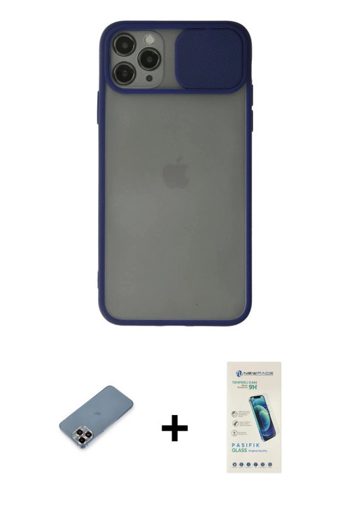 ieg™ iPhone 11 Pro Max Kılıf Vadi Çizgi - Şeffaf Pasifik Cam Ekran Koruyucu + Mor Metal Kamera Lens
