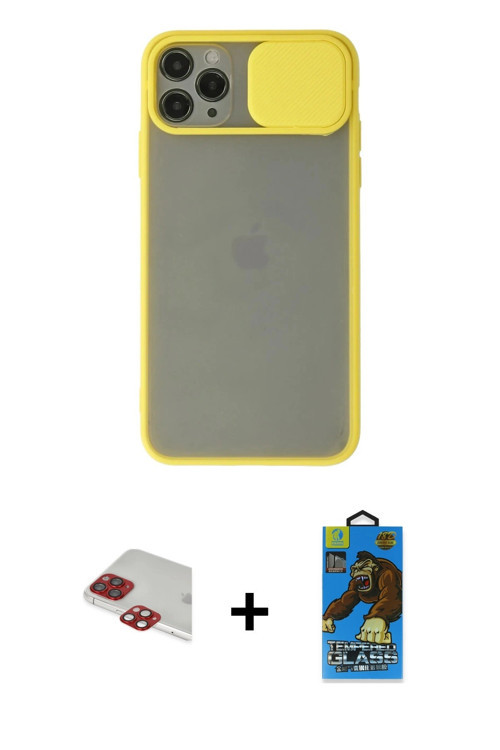 ieg™ iPhone 11 Pro Max Kılıf Vadi Çizgi - Siyah 18D Cam Ekran Koruyucu + Kırmızı Pers Alüminyum Kame