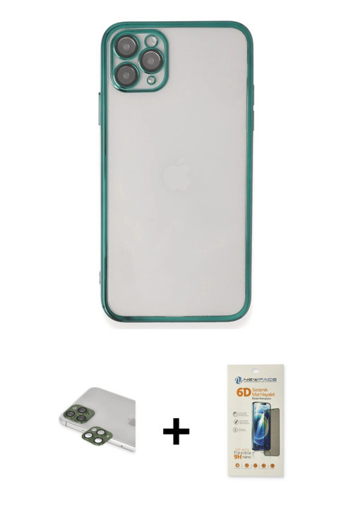 ieg™ iPhone 11 Pro Max Kılıf Vadi Minimal - Siyah 6D Mat Seramik Hayalet Nano Ekran Koruyucu + Yeşil