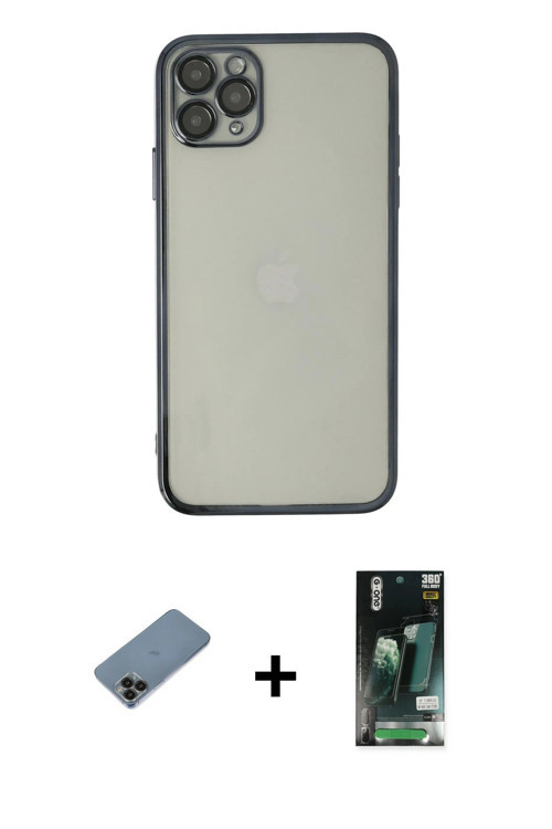 ieg™ iPhone 11 Pro Max Kılıf Vadi Minimal - Siyah 360 Mat Full Body Arka Koruyucu + Siyah Shine Kame
