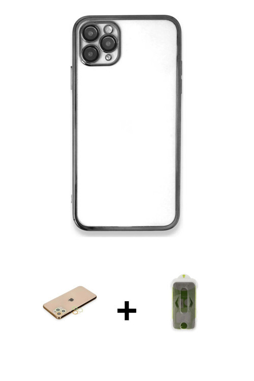 ieg™ iPhone 11 Pro Max Kılıf Vadi Minimal - Siyah Joko Magic 5D Hayalet Cam + Sarı Renkli Kamera Len