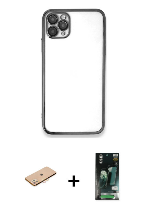 ieg™ iPhone 11 Pro Max Kılıf Vadi Minimal - Siyah 360 Mat Full Body Arka Koruyucu + Turuncu Renkli K