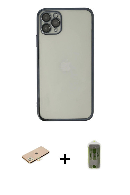 ieg™ iPhone 11 Pro Max Kılıf Vadi Minimal - Siyah Joko Magic 5D Hayalet Cam + Sarı Renkli Kamera Len