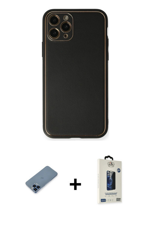 ieg™ iPhone 11 Pro Max Kılıf Yadigar Klasik - Siyah Bilvis Hayalet Cam Ekran Koruyucu + Mavi Metal K