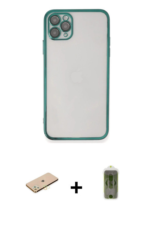 ieg™ iPhone 11 Pro Max Kılıf Vadi Minimal - Siyah Joko Magic 5D Hayalet Cam + Sarı Renkli Kamera Len