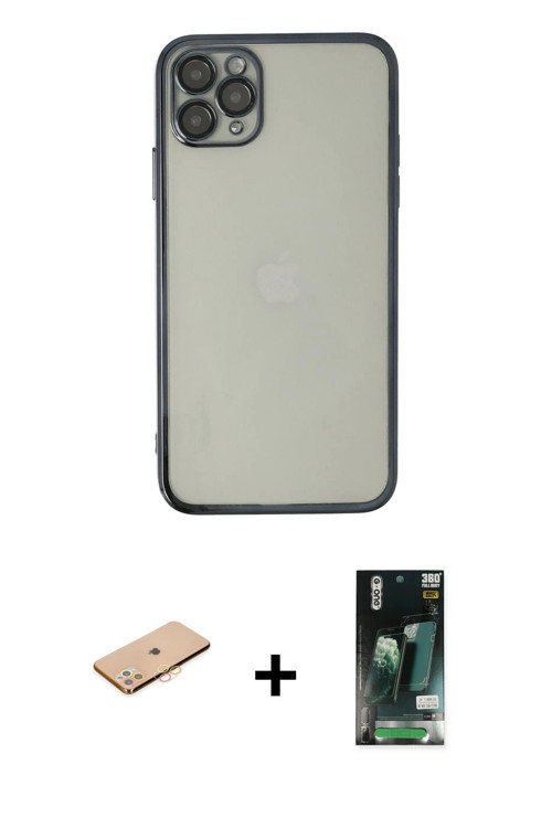ieg™ iPhone 11 Pro Max Kılıf Vadi Minimal - Siyah 360 Mat Full Body Arka Koruyucu + Turuncu Renkli K