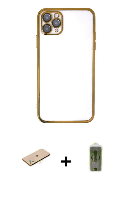 ieg™ iPhone 11 Pro Max Kılıf Vadi Minimal - Siyah Joko Magic 5D Hayalet Cam + Sarı Renkli Kamera Len