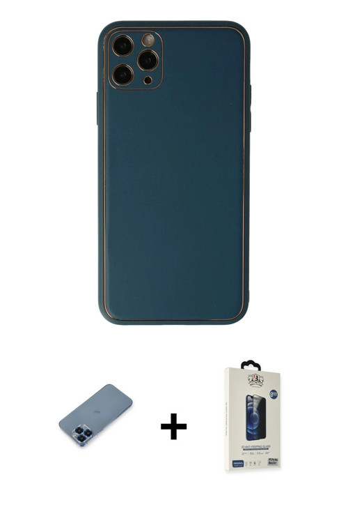 ieg™ iPhone 11 Pro Max Kılıf Yadigar Klasik - Siyah Bilvis Hayalet Cam Ekran Koruyucu + Mavi Metal K