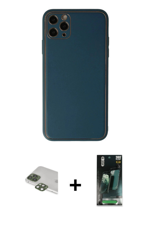 ieg™ iPhone 11 Pro Max Kılıf Yadigar Klasik - Şeffaf 360 Full Body Arka Koruyucu + Yeşil Pers Alümin