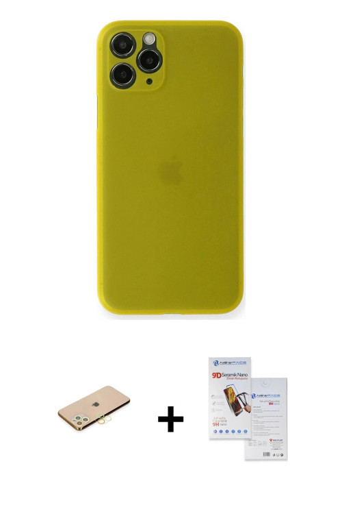 ieg™ iPhone 11 Pro Max Kılıf Yadigar Yansıma Serisi - Siyah Seramik Nano Ekran Koruyucu + Sarı Renkl