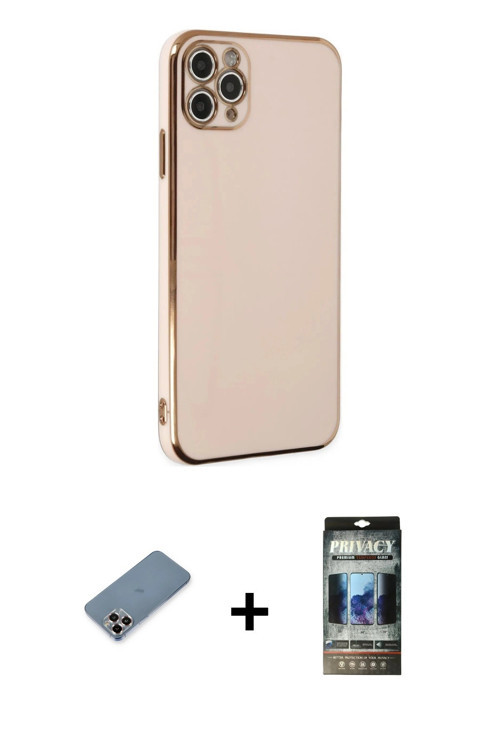 ieg™ iPhone 11 Pro Max Kılıf Yankı Serisi - Siyah 34D Hayalet Izgaralı Cam + Mor Metal Kamera Lens K