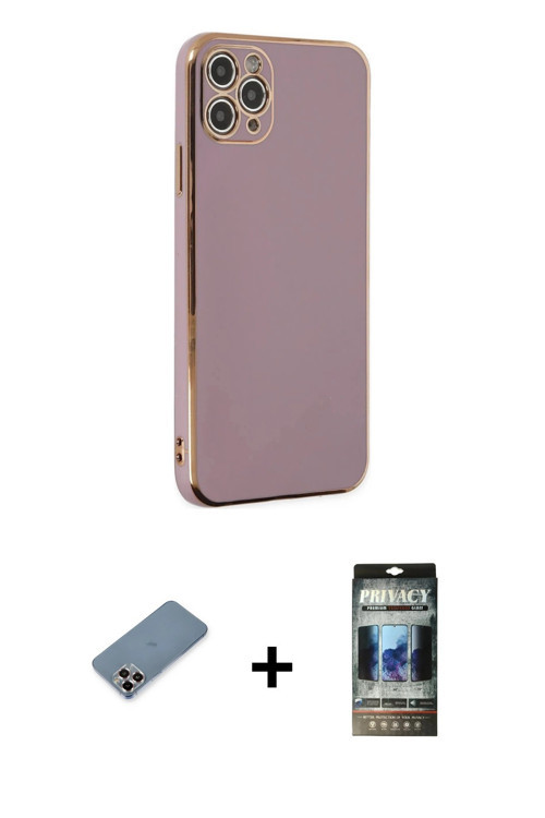 ieg™ iPhone 11 Pro Max Kılıf Yankı Serisi - Siyah 34D Hayalet Izgaralı Cam + Mor Metal Kamera Lens K