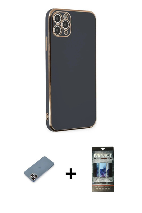 ieg™ iPhone 11 Pro Max Kılıf Yankı Serisi - Siyah 34D Hayalet Izgaralı Cam + Mor Metal Kamera Lens K