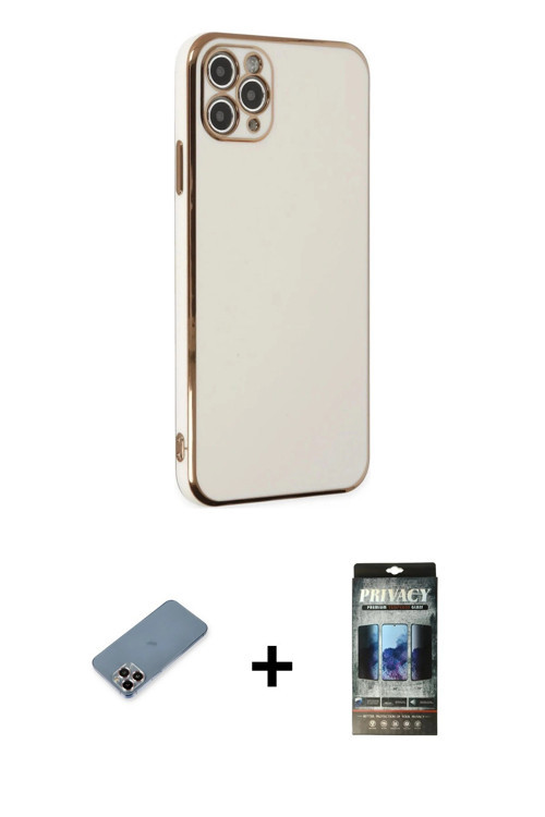 ieg™ iPhone 11 Pro Max Kılıf Yankı Serisi - Siyah 34D Hayalet Izgaralı Cam + Mor Metal Kamera Lens K