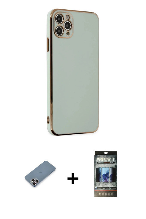 ieg™ iPhone 11 Pro Max Kılıf Yankı Serisi - Siyah 34D Hayalet Izgaralı Cam + Mor Metal Kamera Lens K