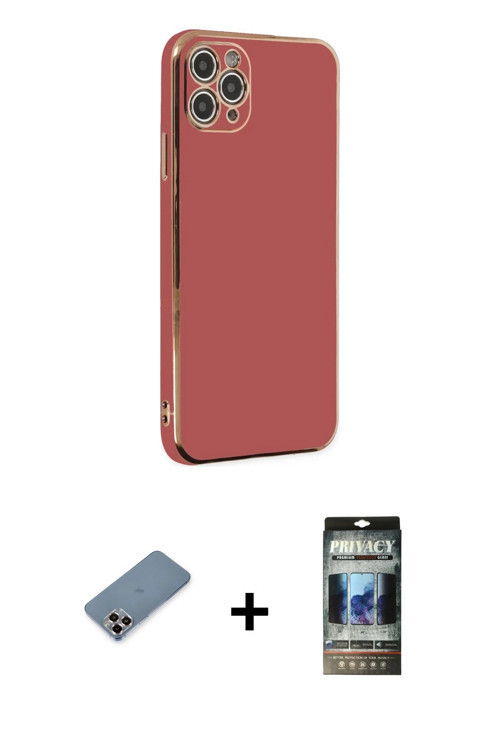 ieg™ iPhone 11 Pro Max Kılıf Yankı Serisi - Siyah 34D Hayalet Izgaralı Cam + Mor Metal Kamera Lens K