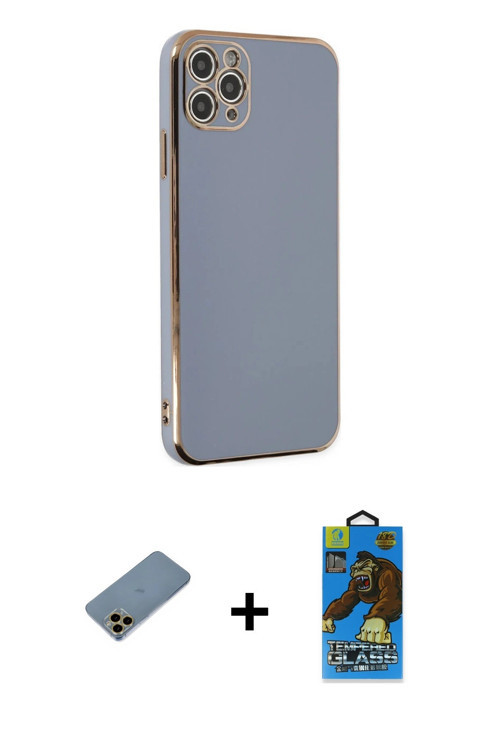ieg™ iPhone 11 Pro Max Kılıf Yankı Serisi - Siyah 18D Cam Ekran Koruyucu + Gold Shine Kamera Lens Ko