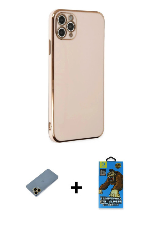 ieg™ iPhone 11 Pro Max Kılıf Yankı Serisi - Siyah 18D Cam Ekran Koruyucu + Gold Shine Kamera Lens Ko