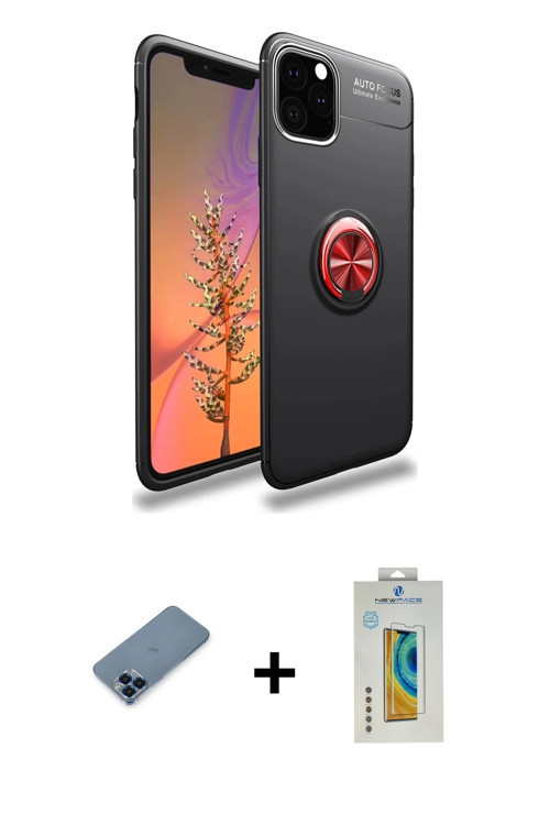 ieg™ iPhone 11 Pro Max Kılıf Yankı Form Prime - Siyah Polymer Nano Ekran Koruyucu + Mavi Metal Kamer