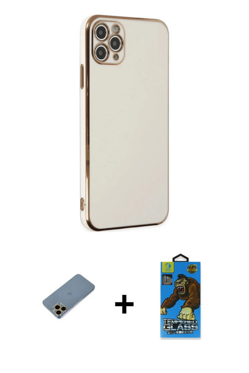 ieg™ iPhone 11 Pro Max Kılıf Yankı Serisi - Siyah 18D Cam Ekran Koruyucu + Gold Shine Kamera Lens Ko