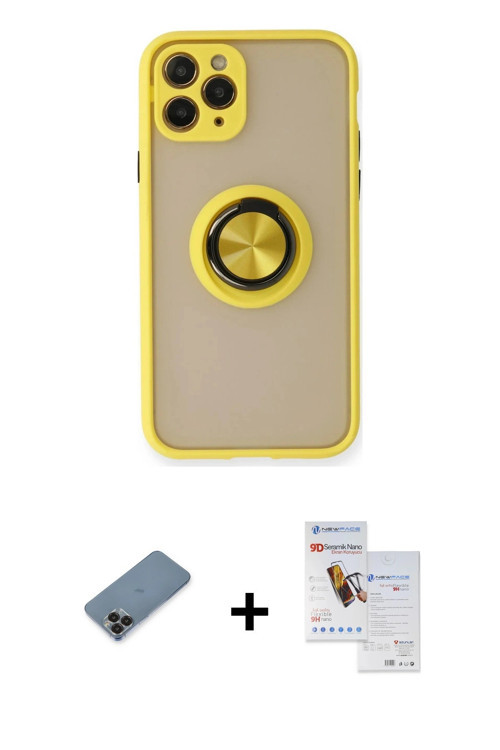 ieg™ iPhone 11 Pro Max Kılıf Yörünge Çizgi - Siyah Seramik Nano Ekran Koruyucu + Siyah Metal Kamera