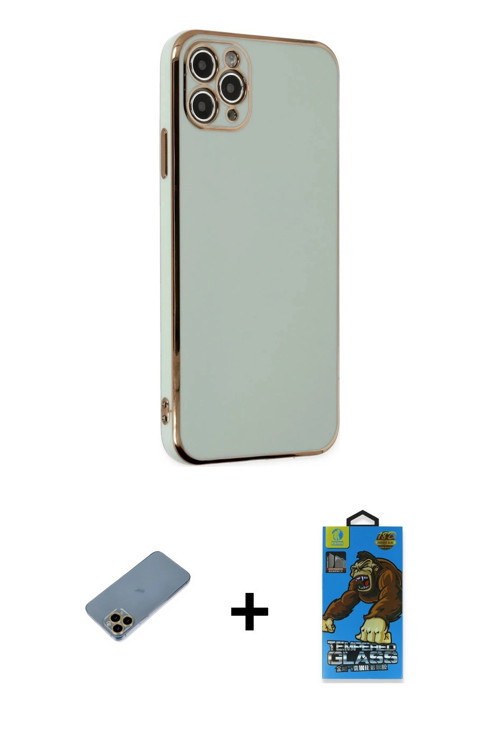 ieg™ iPhone 11 Pro Max Kılıf Yankı Serisi - Siyah 18D Cam Ekran Koruyucu + Gold Shine Kamera Lens Ko
