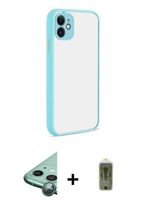 ieg™ iPhone 12 Kılıf Ahenk Çizgi Serisi - Siyah Joko Magic 5D Hayalet Cam + Yeşil Raze Metal Kamera