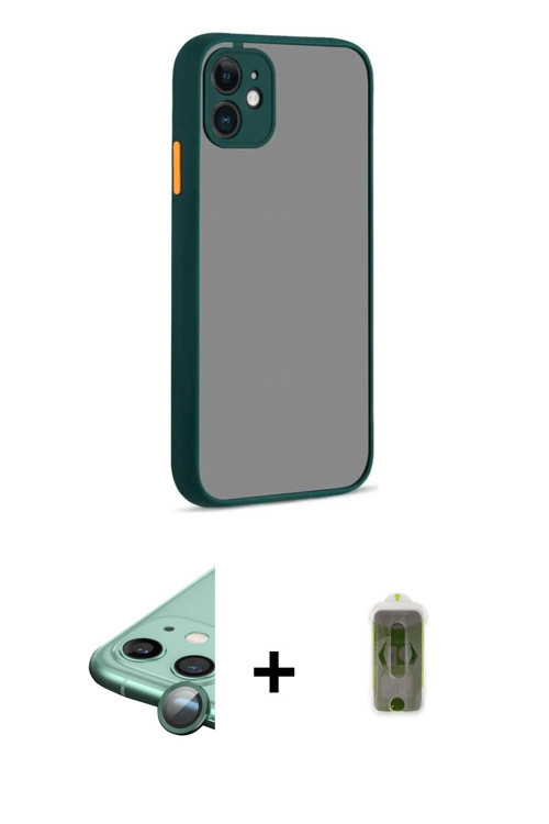 ieg™ iPhone 12 Kılıf Ahenk Çizgi Serisi - Siyah Joko Magic 5D Hayalet Cam + Yeşil Raze Metal Kamera