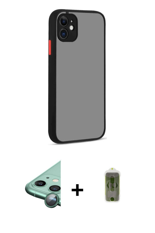 ieg™ iPhone 12 Kılıf Ahenk Çizgi Serisi - Siyah Joko Magic 5D Hayalet Cam + Yeşil Raze Metal Kamera