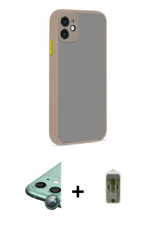 ieg™ iPhone 12 Kılıf Ahenk Çizgi Serisi - Siyah Joko Magic 5D Hayalet Cam + Yeşil Raze Metal Kamera