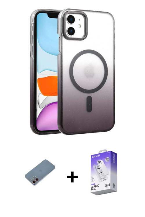 ieg™ iPhone 12 Kılıf Ahenk Doku Özel Seri - Siyah Bilvis 5in1 3D Magic Cam Ekran Koruyucu + Pembe Sh
