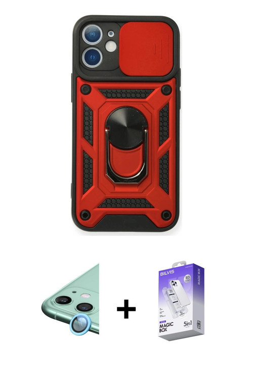 ieg™ iPhone 12 Kılıf Ahenk Klasik - Siyah Bilvis 5in1 3D Magic Cam Ekran Koruyucu + Mavi Raze Metal