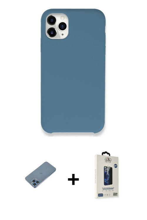 ieg™ iPhone 11 Pro Max Kılıf Zirve Modern Özel Seri - Siyah Bilvis Hayalet Cam Ekran Koruyucu + Mavi