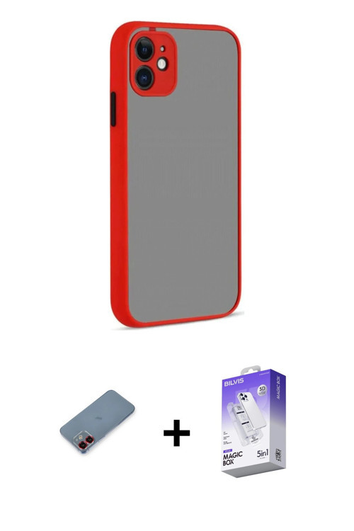 ieg™ iPhone 12 Kılıf Ahenk Çizgi Serisi - Siyah Bilvis 5in1 3D Magic Cam Ekran Koruyucu + Kırmızı Me