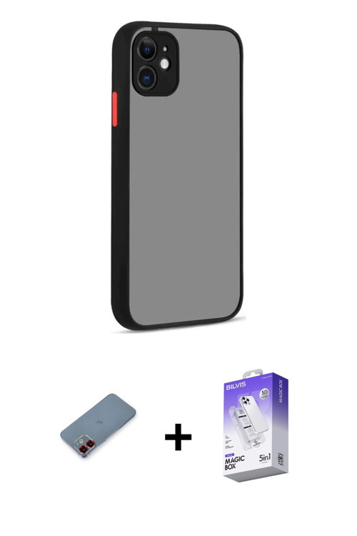 ieg™ iPhone 12 Kılıf Ahenk Çizgi Serisi - Siyah Bilvis 5in1 3D Magic Cam Ekran Koruyucu + Kırmızı Me