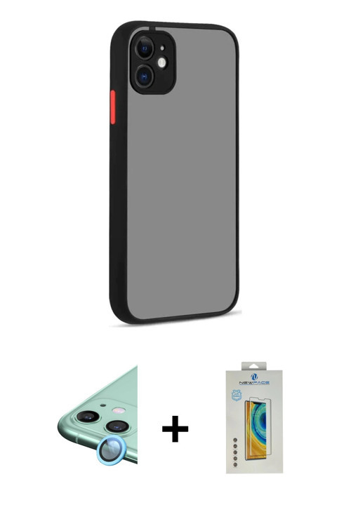 ieg™ iPhone 12 Kılıf Ahenk Çizgi Serisi - Siyah Polymer Nano Ekran Koruyucu + Mavi Raze Metal Kamera