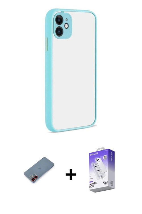 ieg™ iPhone 12 Kılıf Ahenk Çizgi Serisi - Siyah Bilvis 5in1 3D Magic Cam Ekran Koruyucu + Kırmızı Me