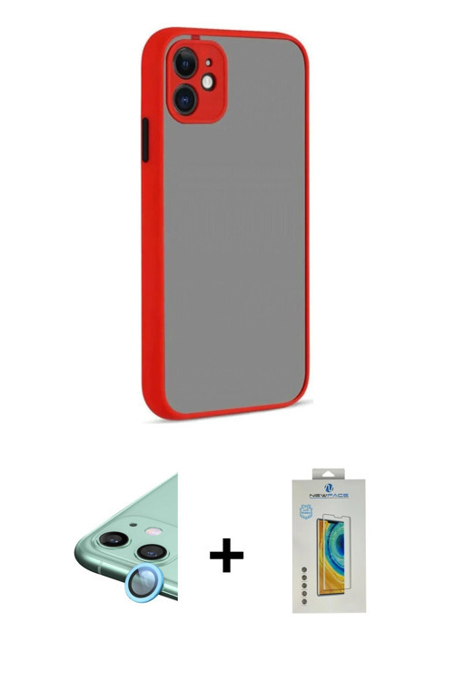ieg™ iPhone 12 Kılıf Ahenk Çizgi Serisi - Siyah Polymer Nano Ekran Koruyucu + Mavi Raze Metal Kamera