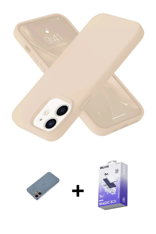 ieg™ iPhone 12 Kılıf Ahenk Serisi - Siyah Bilvis 5in1 5D Magic Hayalet Cam Ekran Koruyucu + Pembe Sh