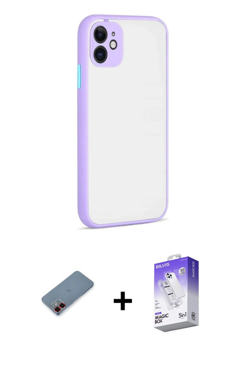 ieg™ iPhone 12 Kılıf Ahenk Çizgi Serisi - Siyah Bilvis 5in1 3D Magic Cam Ekran Koruyucu + Kırmızı Me