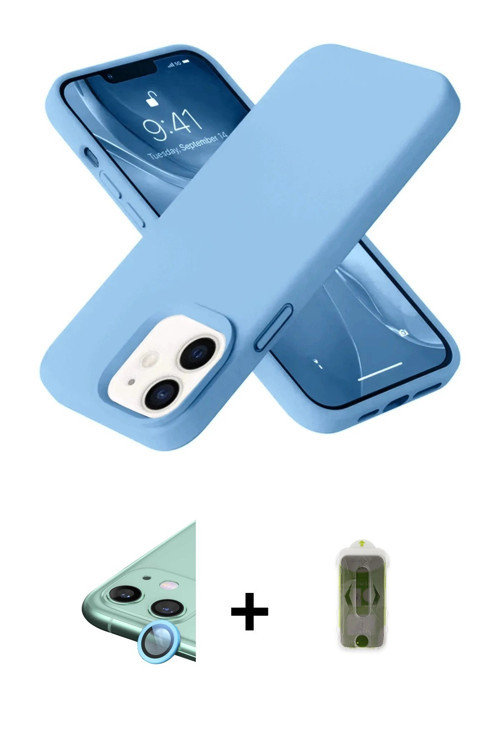 ieg™ iPhone 12 Kılıf Ahenk Serisi - Siyah Joko Magic 5D Hayalet Cam + Mavi Raze Metal Kamera Lens