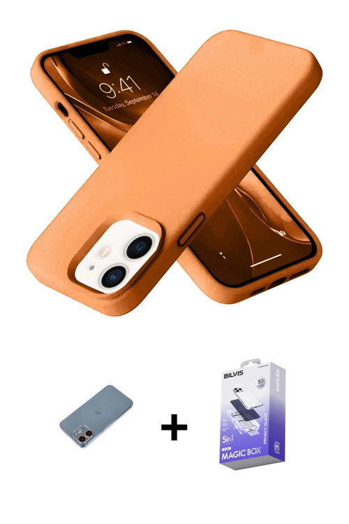 ieg™ iPhone 12 Kılıf Ahenk Serisi - Siyah Bilvis 5in1 5D Magic Hayalet Cam Ekran Koruyucu + Pembe Sh
