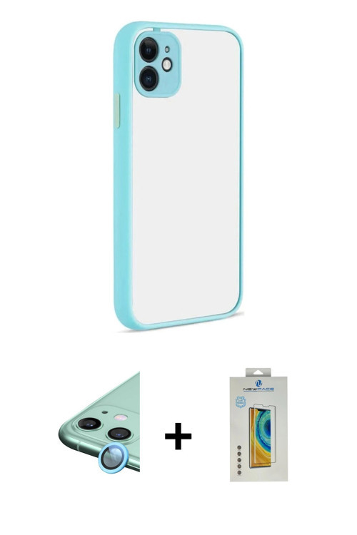 ieg™ iPhone 12 Kılıf Ahenk Çizgi Serisi - Siyah Polymer Nano Ekran Koruyucu + Mavi Raze Metal Kamera