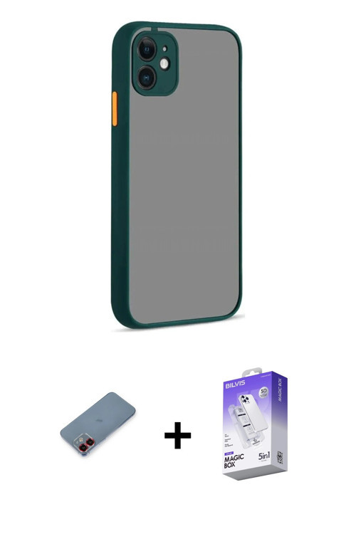 ieg™ iPhone 12 Kılıf Ahenk Çizgi Serisi - Siyah Bilvis 5in1 3D Magic Cam Ekran Koruyucu + Kırmızı Me