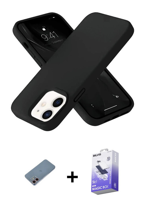 ieg™ iPhone 12 Kılıf Ahenk Serisi - Siyah Bilvis 5in1 5D Magic Hayalet Cam Ekran Koruyucu + Pembe Sh