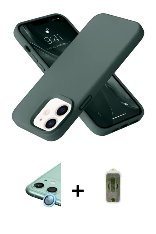 ieg™ iPhone 12 Kılıf Ahenk Serisi - Siyah Joko Magic 5D Hayalet Cam + Mavi Raze Metal Kamera Lens