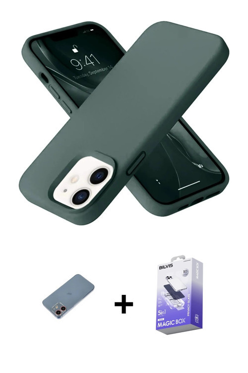 ieg™ iPhone 12 Kılıf Ahenk Serisi - Siyah Bilvis 5in1 5D Magic Hayalet Cam Ekran Koruyucu + Pembe Sh